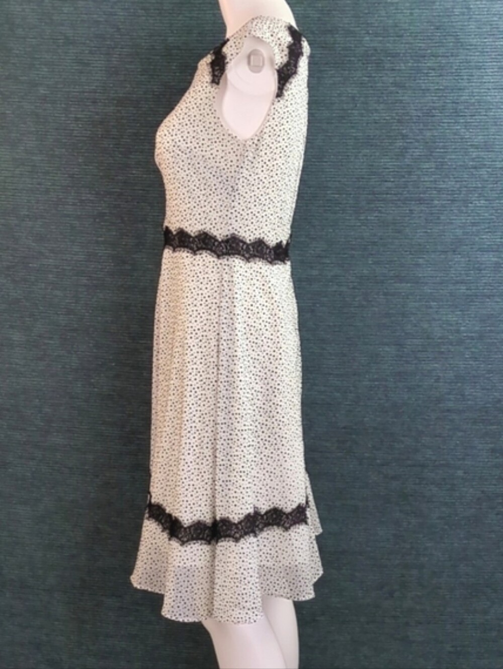 Betsey Johnson Black And White Flocked Dress With Eyelash Lace Trim - Picture 8 of 13